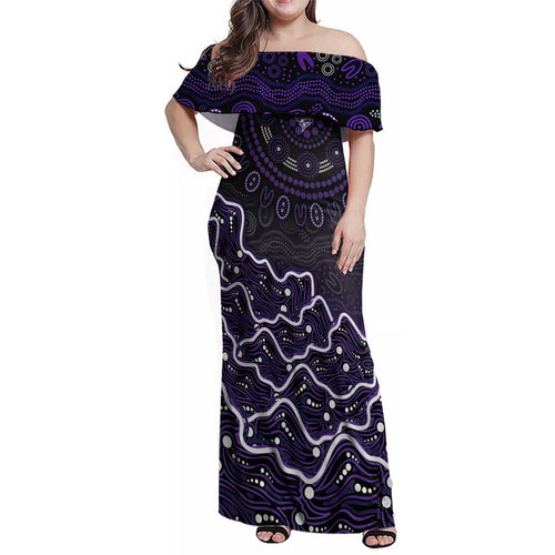 Hobart Hurricanes Cricket Mascot Family Matching Off Shoulder Maxi Dress and Hawaiian Shirt Aboriginal Dot Art Purple And Black Tribal Pattern