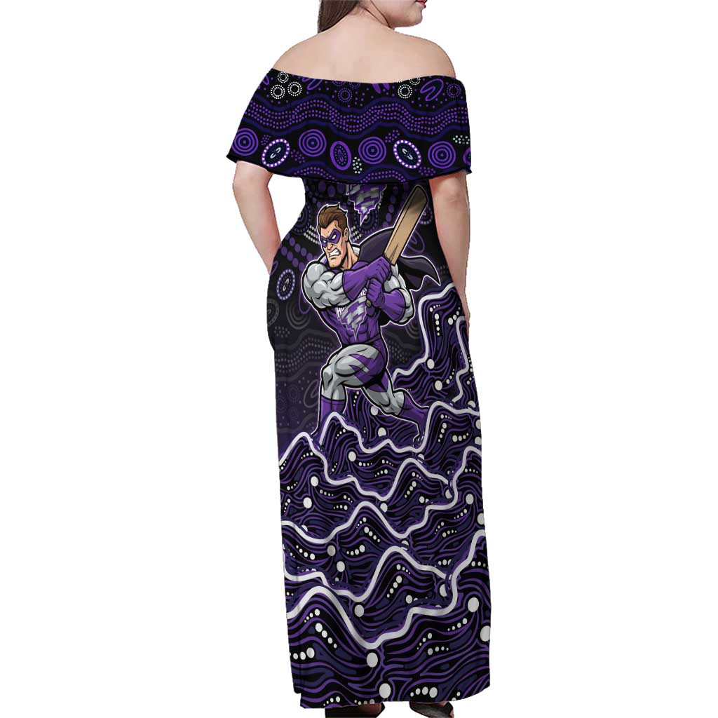 Hobart Hurricanes Cricket Mascot Family Matching Off Shoulder Maxi Dress and Hawaiian Shirt Aboriginal Dot Art Purple And Black Tribal Pattern