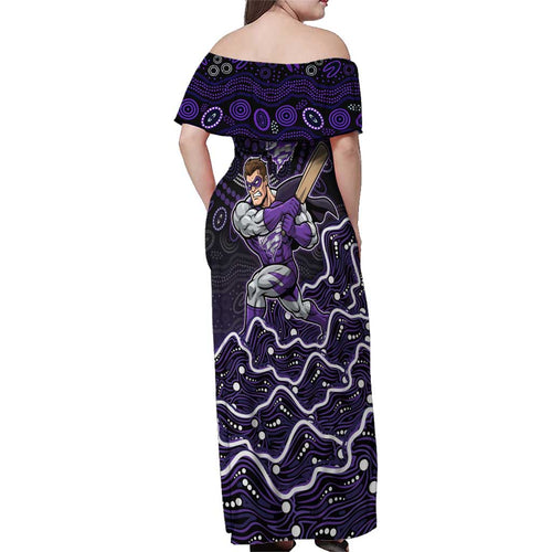 Hobart Hurricanes Cricket Mascot Family Matching Off Shoulder Maxi Dress and Hawaiian Shirt Aboriginal Dot Art Purple And Black Tribal Pattern