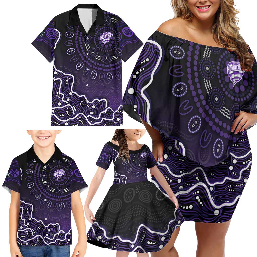 Hobart Hurricanes Cricket Mascot Family Matching Off Shoulder Short Dress and Hawaiian Shirt Aboriginal Dot Art Purple And Black Tribal Pattern