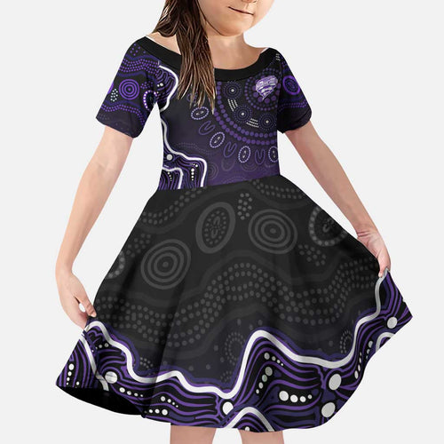 Hobart Hurricanes Cricket Mascot Family Matching Off Shoulder Short Dress and Hawaiian Shirt Aboriginal Dot Art Purple And Black Tribal Pattern