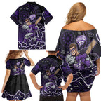 Hobart Hurricanes Cricket Mascot Family Matching Off Shoulder Short Dress and Hawaiian Shirt Aboriginal Dot Art Purple And Black Tribal Pattern