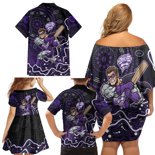Hobart Hurricanes Cricket Mascot Family Matching Off Shoulder Short Dress and Hawaiian Shirt Aboriginal Dot Art Purple And Black Tribal Pattern