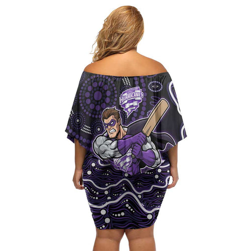 Hobart Hurricanes Cricket Mascot Family Matching Off Shoulder Short Dress and Hawaiian Shirt Aboriginal Dot Art Purple And Black Tribal Pattern