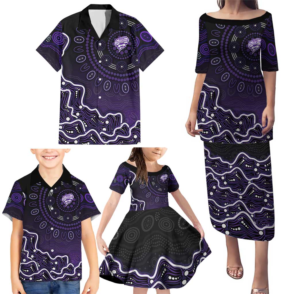 Hobart Hurricanes Cricket Mascot Family Matching Puletasi and Hawaiian Shirt Aboriginal Dot Art Purple And Black Tribal Pattern