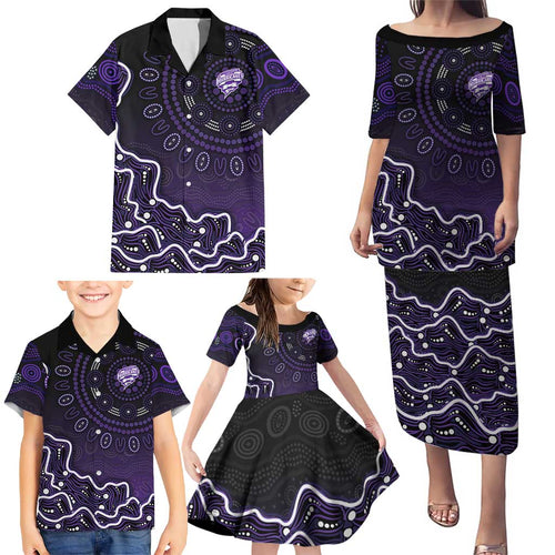Hobart Hurricanes Cricket Mascot Family Matching Puletasi and Hawaiian Shirt Aboriginal Dot Art Purple And Black Tribal Pattern