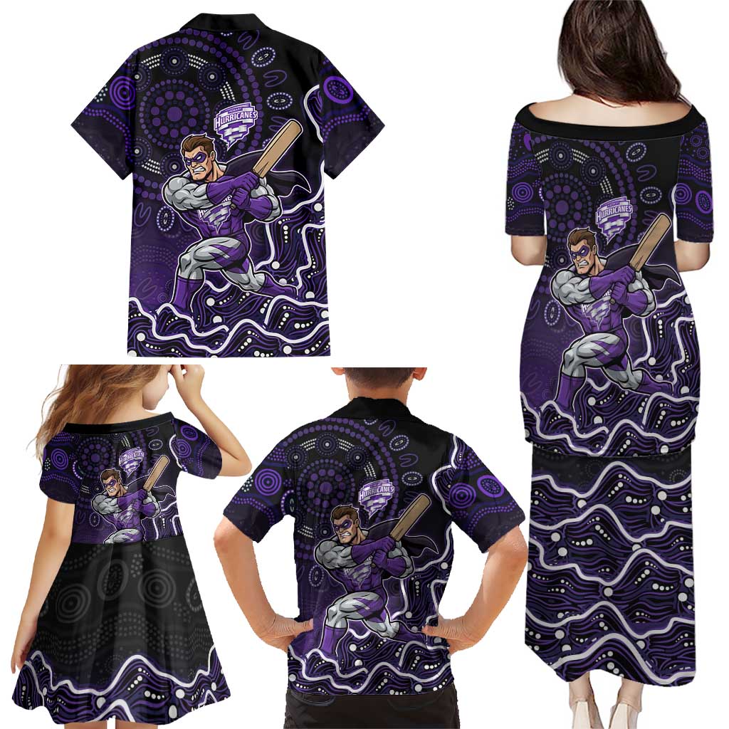 Hobart Hurricanes Cricket Mascot Family Matching Puletasi and Hawaiian Shirt Aboriginal Dot Art Purple And Black Tribal Pattern