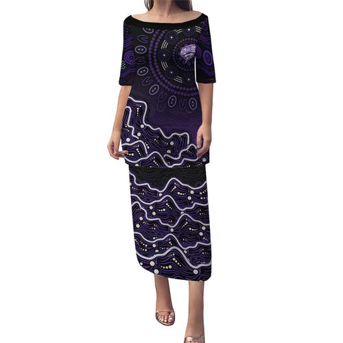 Hobart Hurricanes Cricket Mascot Family Matching Puletasi and Hawaiian Shirt Aboriginal Dot Art Purple And Black Tribal Pattern