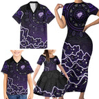 Hobart Hurricanes Cricket Mascot Family Matching Short Sleeve Bodycon Dress and Hawaiian Shirt Aboriginal Dot Art Purple And Black Tribal Pattern