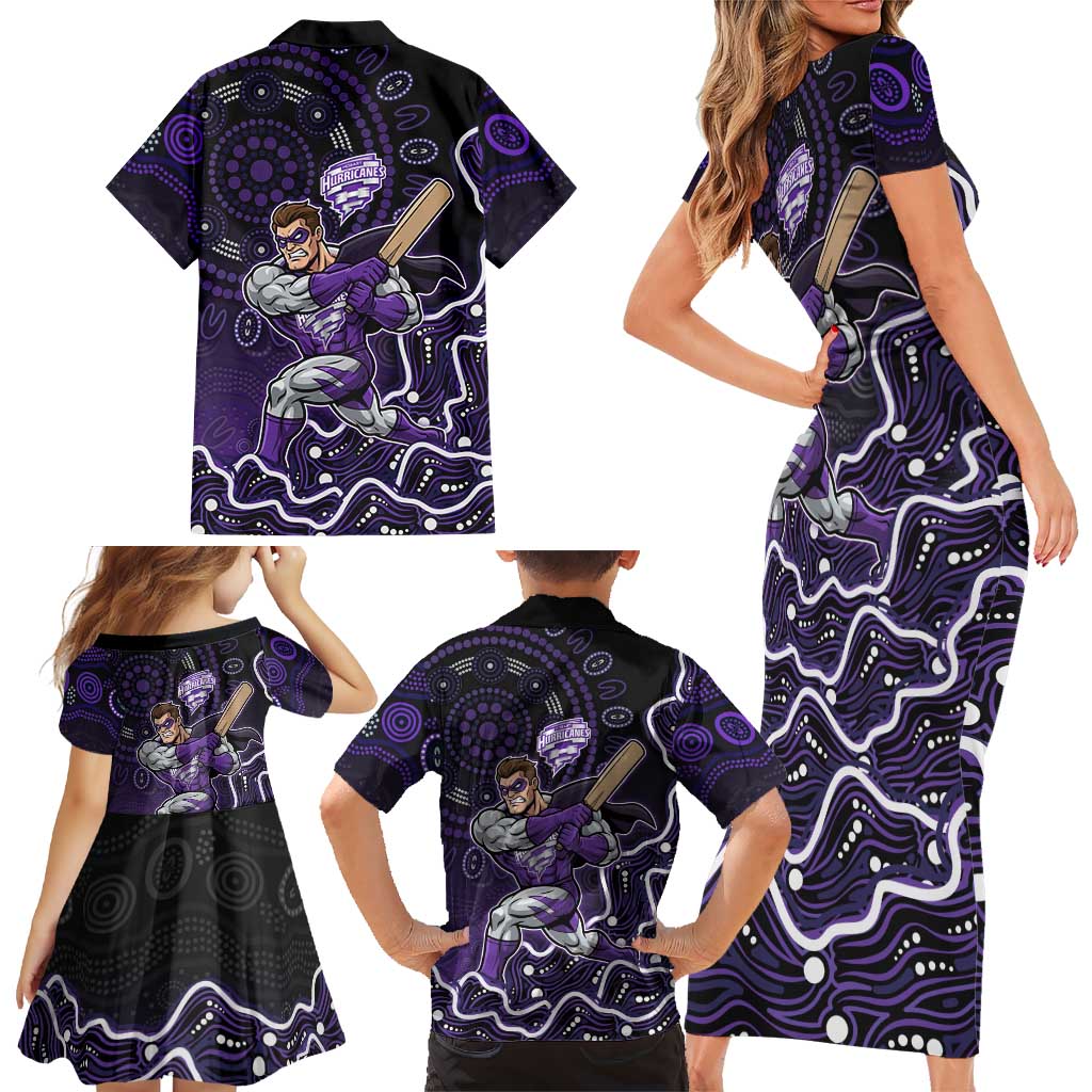 Hobart Hurricanes Cricket Mascot Family Matching Short Sleeve Bodycon Dress and Hawaiian Shirt Aboriginal Dot Art Purple And Black Tribal Pattern