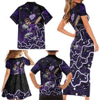 Hobart Hurricanes Cricket Mascot Family Matching Short Sleeve Bodycon Dress and Hawaiian Shirt Aboriginal Dot Art Purple And Black Tribal Pattern