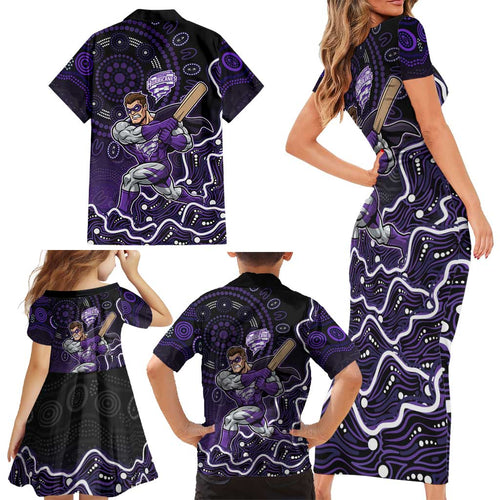 Hobart Hurricanes Cricket Mascot Family Matching Short Sleeve Bodycon Dress and Hawaiian Shirt Aboriginal Dot Art Purple And Black Tribal Pattern