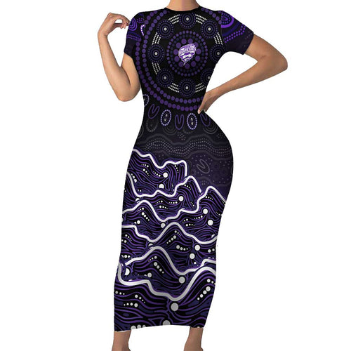 Hobart Hurricanes Cricket Mascot Family Matching Short Sleeve Bodycon Dress and Hawaiian Shirt Aboriginal Dot Art Purple And Black Tribal Pattern