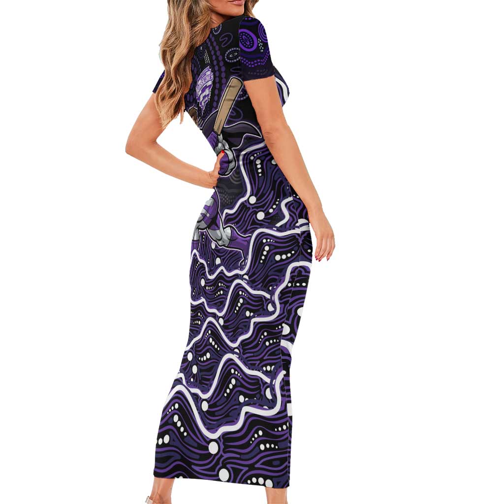 Hobart Hurricanes Cricket Mascot Family Matching Short Sleeve Bodycon Dress and Hawaiian Shirt Aboriginal Dot Art Purple And Black Tribal Pattern