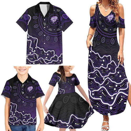 Hobart Hurricanes Cricket Mascot Family Matching Summer Maxi Dress and Hawaiian Shirt Aboriginal Dot Art Purple And Black Tribal Pattern