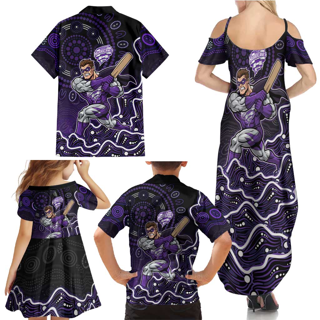 Hobart Hurricanes Cricket Mascot Family Matching Summer Maxi Dress and Hawaiian Shirt Aboriginal Dot Art Purple And Black Tribal Pattern