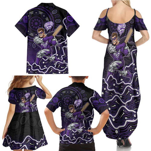 Hobart Hurricanes Cricket Mascot Family Matching Summer Maxi Dress and Hawaiian Shirt Aboriginal Dot Art Purple And Black Tribal Pattern