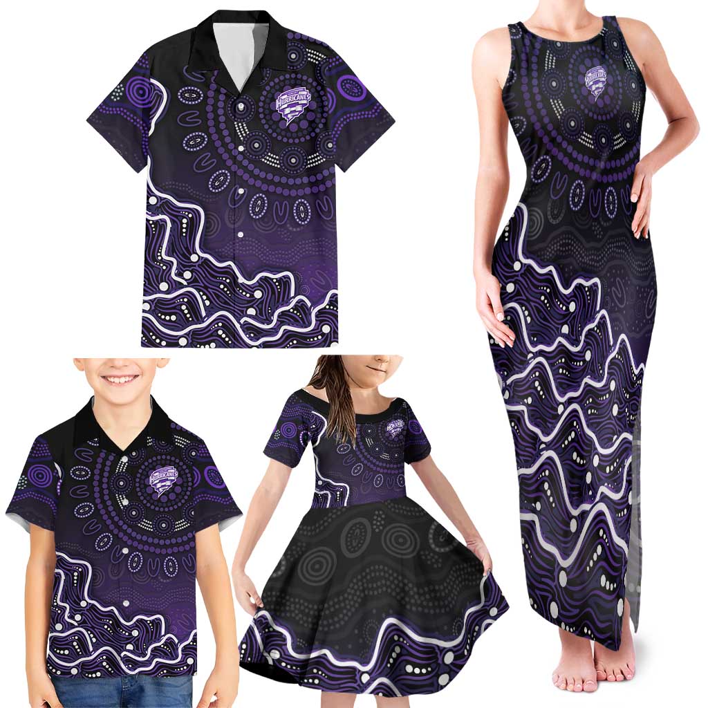 Hobart Hurricanes Cricket Mascot Family Matching Tank Maxi Dress and Hawaiian Shirt Aboriginal Dot Art Purple And Black Tribal Pattern
