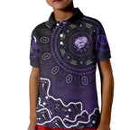 Hobart Hurricanes Cricket Mascot Kid Polo Shirt Aboriginal Dot Art Purple And Black Tribal Pattern