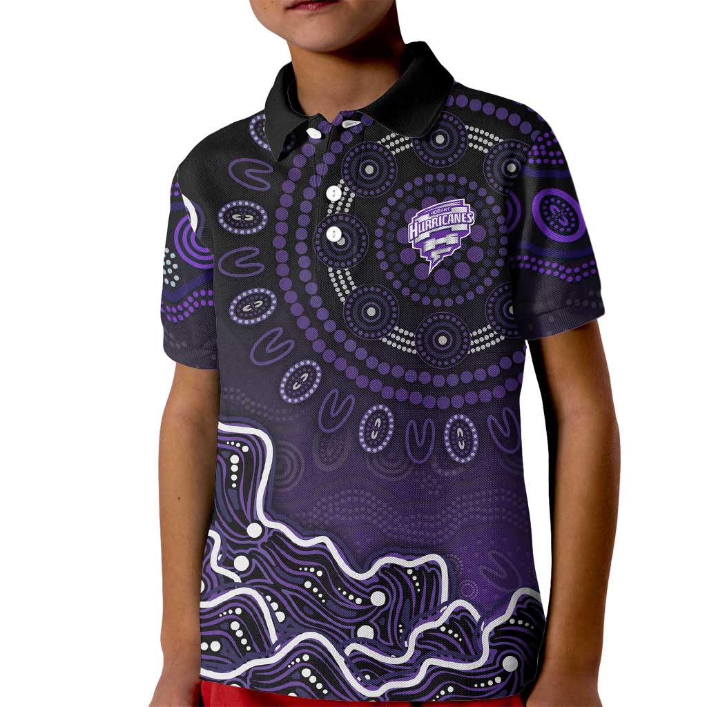 Hobart Hurricanes Cricket Mascot Kid Polo Shirt Aboriginal Dot Art Purple And Black Tribal Pattern