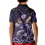 Hobart Hurricanes Cricket Mascot Kid Polo Shirt Aboriginal Dot Art Purple And Black Tribal Pattern
