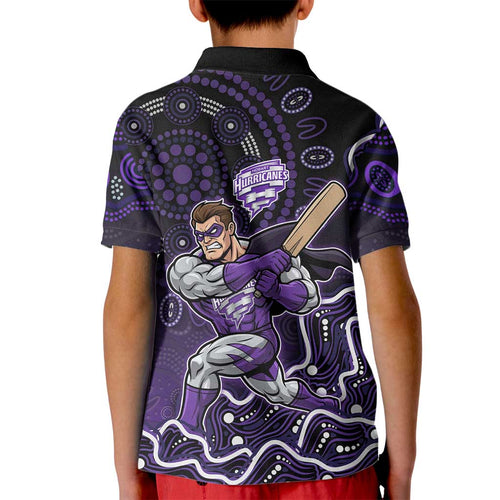 Hobart Hurricanes Cricket Mascot Kid Polo Shirt Aboriginal Dot Art Purple And Black Tribal Pattern