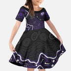 Hobart Hurricanes Cricket Mascot Kid Short Sleeve Dress Aboriginal Dot Art Purple And Black Tribal Pattern