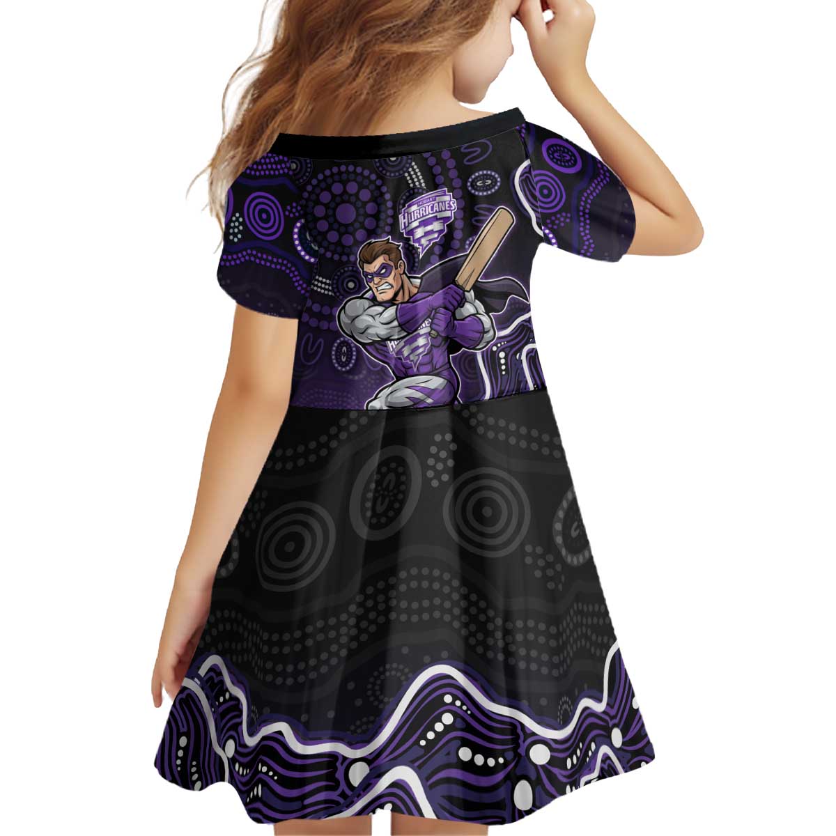 Hobart Hurricanes Cricket Mascot Kid Short Sleeve Dress Aboriginal Dot Art Purple And Black Tribal Pattern