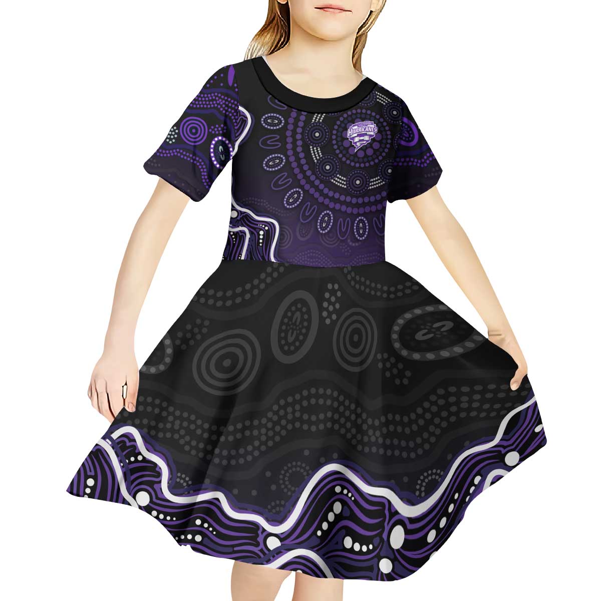 Hobart Hurricanes Cricket Mascot Kid Short Sleeve Dress Aboriginal Dot Art Purple And Black Tribal Pattern