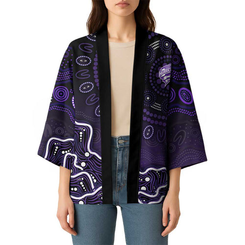 Hobart Hurricanes Cricket Mascot Kimono Aboriginal Dot Art Purple And Black Tribal Pattern