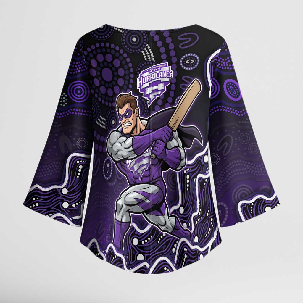 Hobart Hurricanes Cricket Mascot Kimono Sleeve Blouse Aboriginal Dot Art Purple And Black Tribal Pattern
