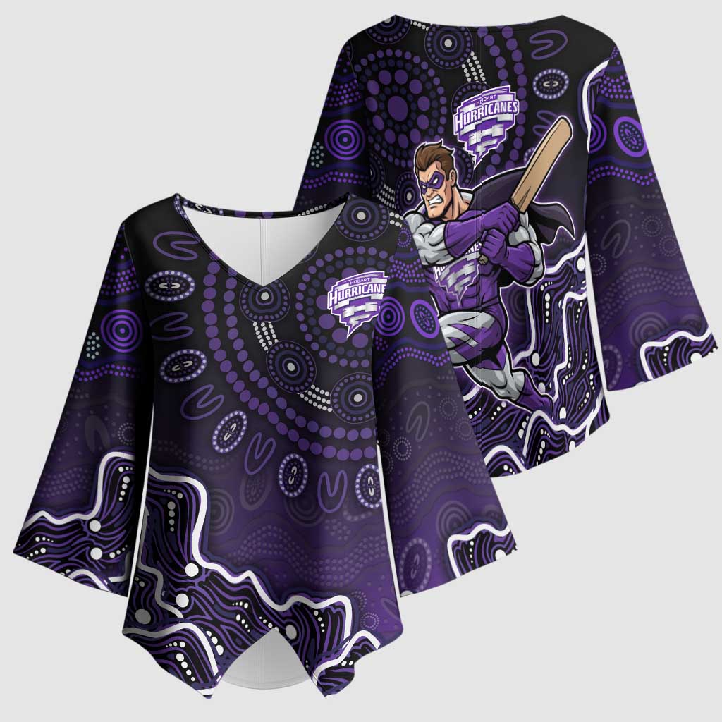 Hobart Hurricanes Cricket Mascot Kimono Sleeve Blouse Aboriginal Dot Art Purple And Black Tribal Pattern
