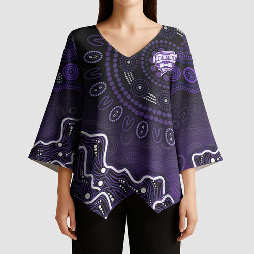 Hobart Hurricanes Cricket Mascot Kimono Sleeve Blouse Aboriginal Dot Art Purple And Black Tribal Pattern