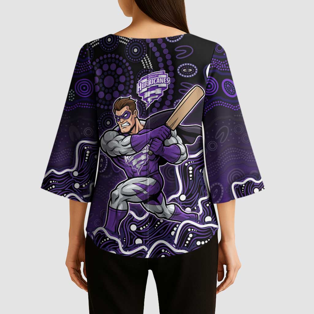 Hobart Hurricanes Cricket Mascot Kimono Sleeve Blouse Aboriginal Dot Art Purple And Black Tribal Pattern