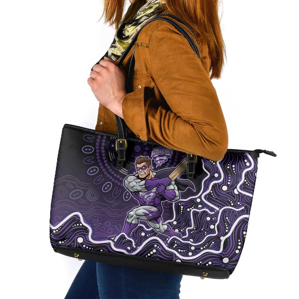 Hobart Hurricanes Cricket Mascot Leather Tote Bag Aboriginal Dot Art Purple And Black Tribal Pattern
