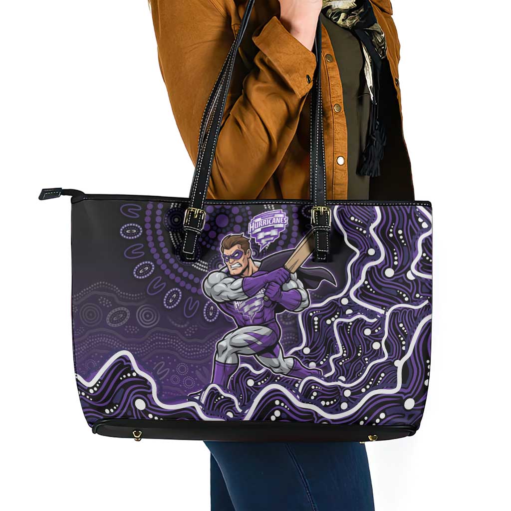 Hobart Hurricanes Cricket Mascot Leather Tote Bag Aboriginal Dot Art Purple And Black Tribal Pattern