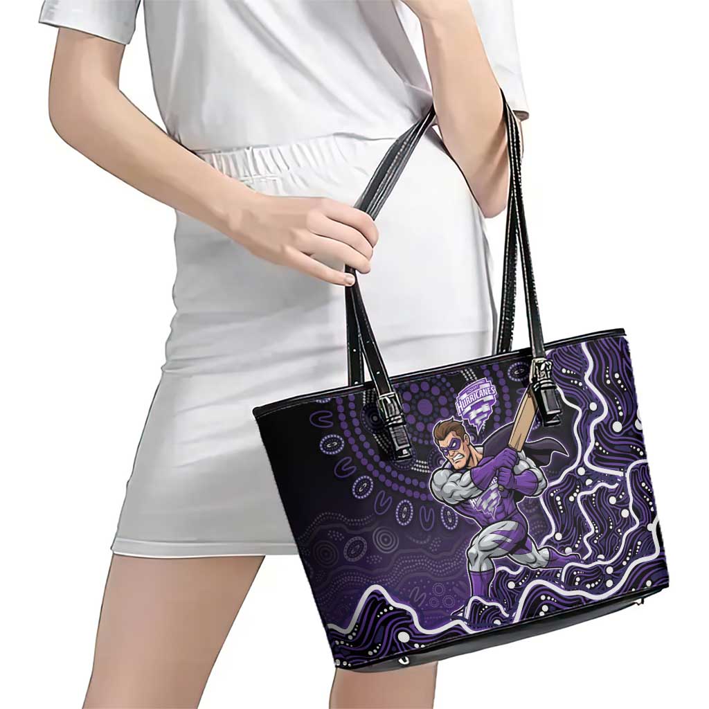 Hobart Hurricanes Cricket Mascot Leather Tote Bag Aboriginal Dot Art Purple And Black Tribal Pattern