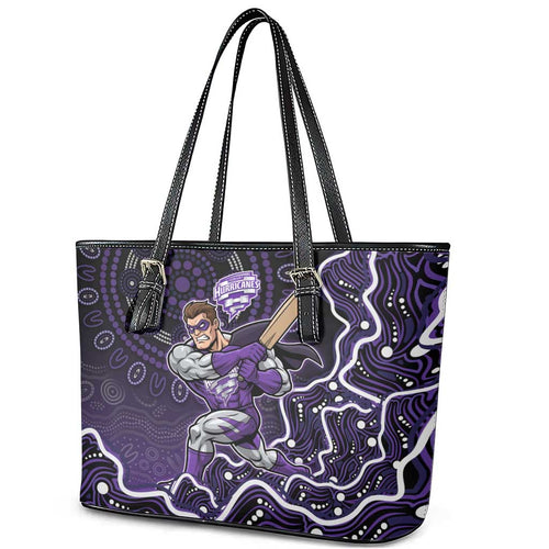 Hobart Hurricanes Cricket Mascot Leather Tote Bag Aboriginal Dot Art Purple And Black Tribal Pattern