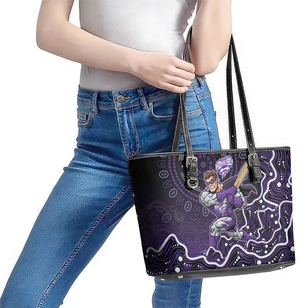 Hobart Hurricanes Cricket Mascot Leather Tote Bag Aboriginal Dot Art Purple And Black Tribal Pattern