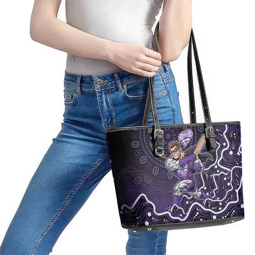 Hobart Hurricanes Cricket Mascot Leather Tote Bag Aboriginal Dot Art Purple And Black Tribal Pattern
