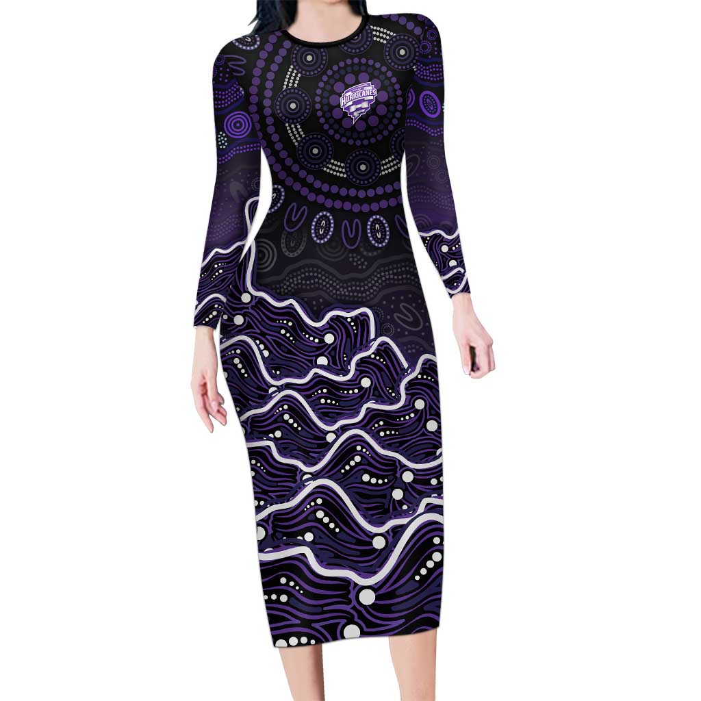 Hobart Hurricanes Cricket Mascot Long Sleeve Bodycon Dress Aboriginal Dot Art Purple And Black Tribal Pattern