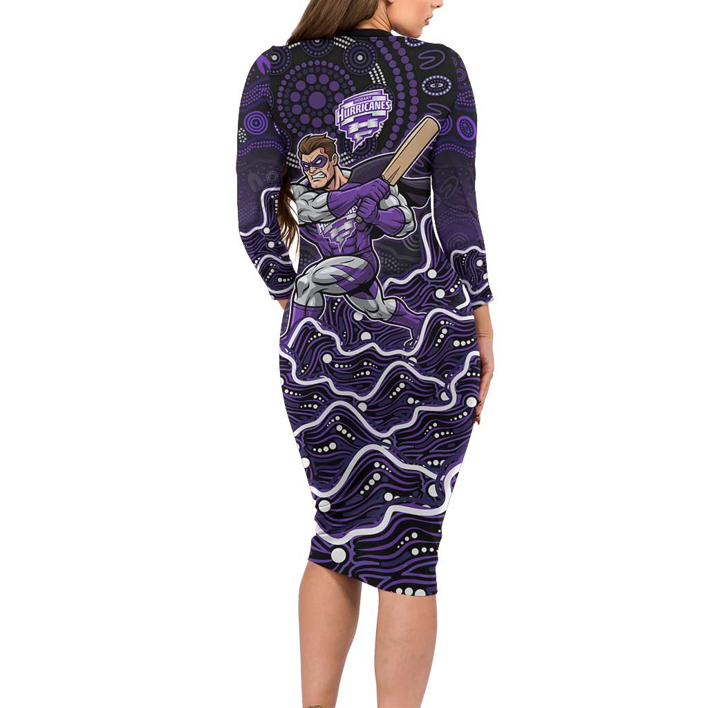 Hobart Hurricanes Cricket Mascot Long Sleeve Bodycon Dress Aboriginal Dot Art Purple And Black Tribal Pattern