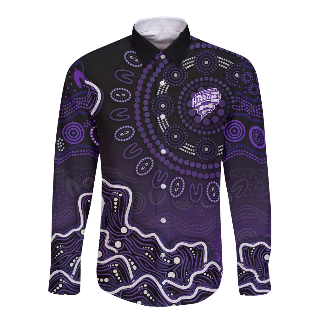Hobart Hurricanes Cricket Mascot Long Sleeve Button Shirt Aboriginal Dot Art Purple And Black Tribal Pattern
