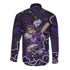 Hobart Hurricanes Cricket Mascot Long Sleeve Button Shirt Aboriginal Dot Art Purple And Black Tribal Pattern