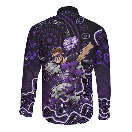 Hobart Hurricanes Cricket Mascot Long Sleeve Button Shirt Aboriginal Dot Art Purple And Black Tribal Pattern