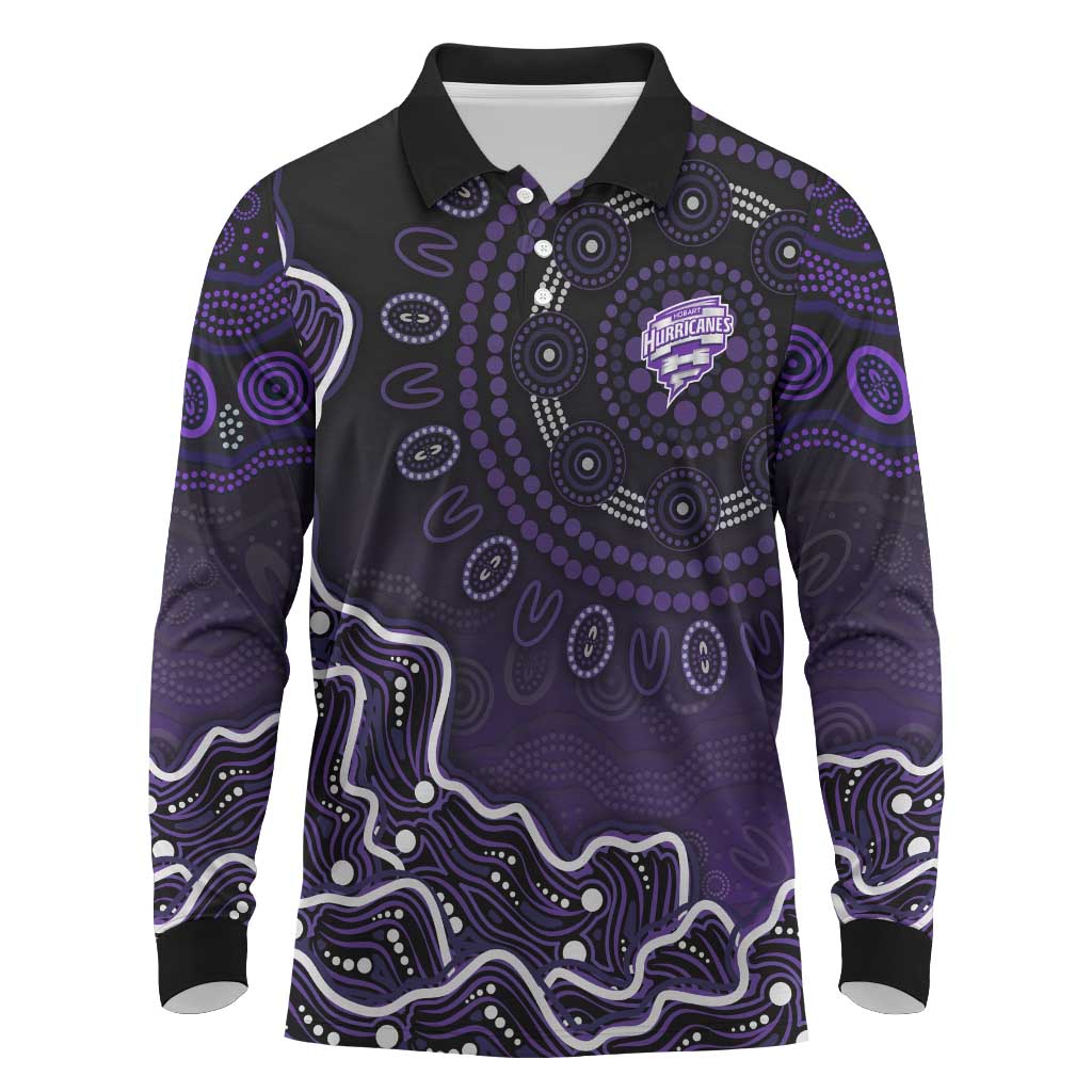 Hobart Hurricanes Cricket Mascot Long Sleeve Polo Shirt Aboriginal Dot Art Purple And Black Tribal Pattern