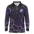 Hobart Hurricanes Cricket Mascot Long Sleeve Polo Shirt Aboriginal Dot Art Purple And Black Tribal Pattern