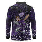Hobart Hurricanes Cricket Mascot Long Sleeve Polo Shirt Aboriginal Dot Art Purple And Black Tribal Pattern