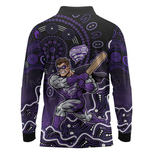 Hobart Hurricanes Cricket Mascot Long Sleeve Polo Shirt Aboriginal Dot Art Purple And Black Tribal Pattern