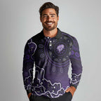 Hobart Hurricanes Cricket Mascot Long Sleeve Polo Shirt Aboriginal Dot Art Purple And Black Tribal Pattern